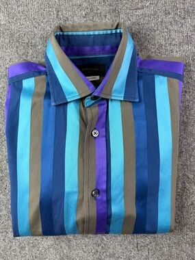 Duchamp Blue Teal Purple Olive Striped Casual Button-Down Shirt